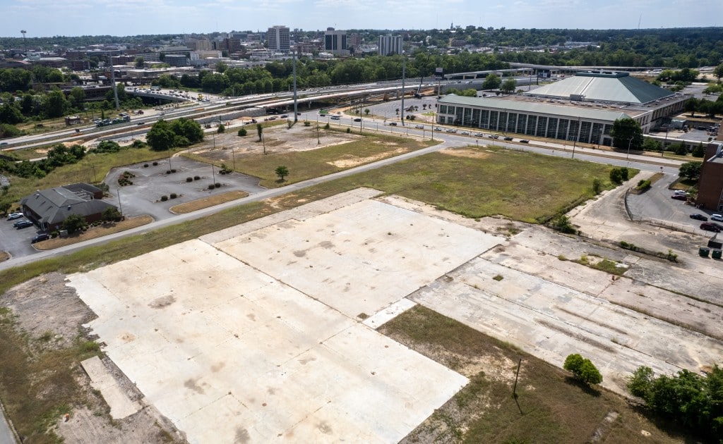 Drone photo looking back at downtown Macon, Georgia from East of I-16 near Coliseum Drive.