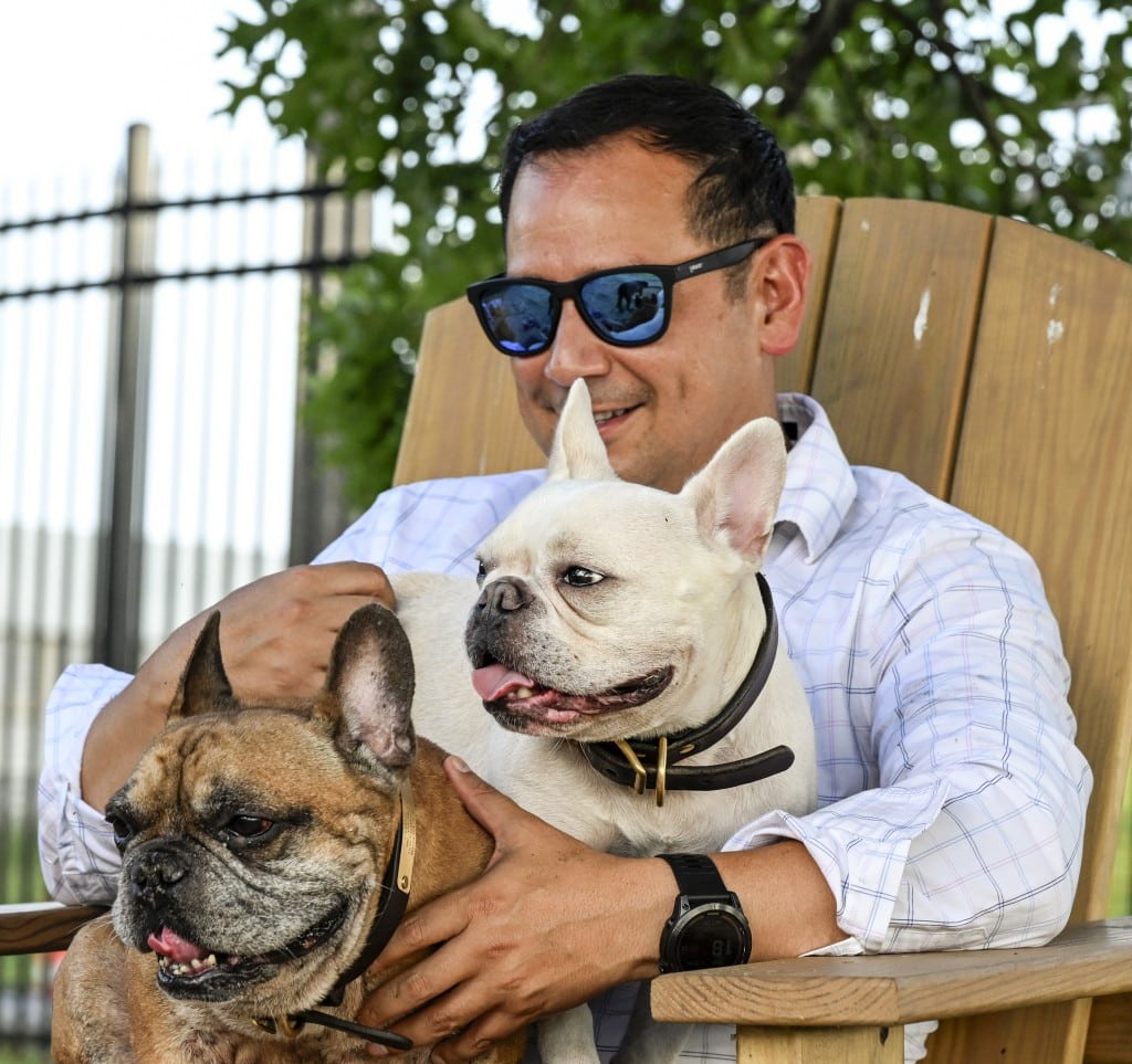 A man wearing sunglasses and a plaid shirt is sitting in a wooden chair, smiling while holding two French Bulldogs—one brown and one white.