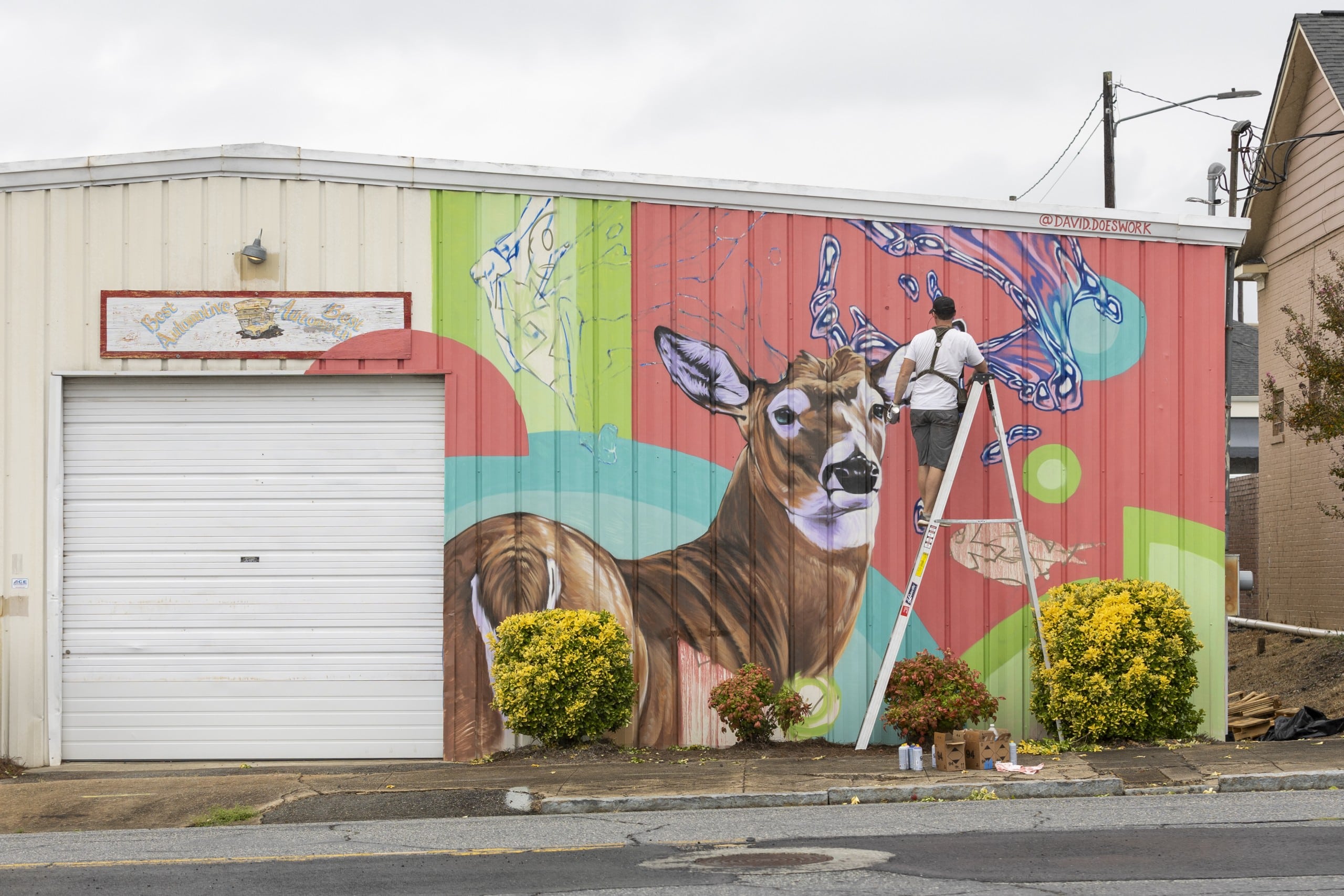 A mural artist stands on a ladder painting a colorful mural on the side of a building. The mural features a realistic deer with abstract blue and red shapes surrounding it. The building is a beige metal structure with a garage door and some bushes in front. The artist is in the process of adding details to the upper part of the mural.