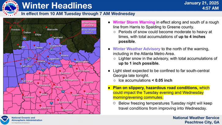 Heat map depicting what areas of Georgia are under a winter storm warning versus a winter weather advisory.
