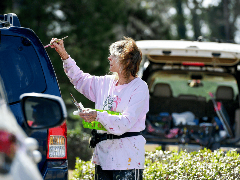A woman wearing a paint-splattered pink sweatshirt is painting a design on the side of a dark-colored vehicle. She holds a small green paint tray and multiple brushes, with her face partially covered in paint. Behind her, an open SUV trunk reveals various art supplies and tools.